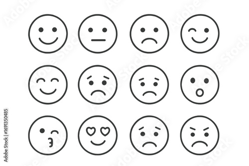 Minimalist emoji set with expressions and emotions in simple line art. Vector cartoon illustration for feedback, mood, and customer satisfaction ratings. Smile face icon pack.