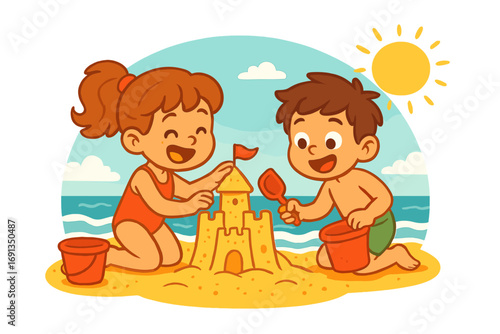 Kids building a sandcastle on a sunny beach. Happy children playing with sand and toys. Summer vacation fun. Childhood seaside leisure activity. Vector cartoon illustration.