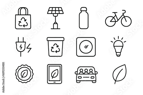 Eco-Friendly Icon Set. Outline icon set of climate-friendly lifestyle: reusable bag, solar lamp, eco bottle, e