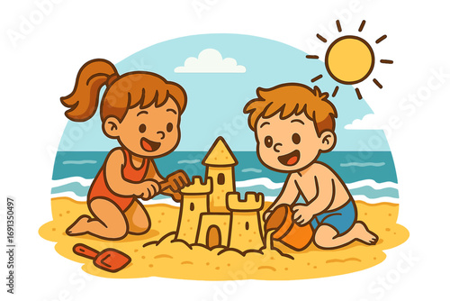 Kids building sandcastle on the beach. Happy boy and girl play together on summer vacation. Children's fun outdoor activity by the sea with sun. Cartoon vector illustration.