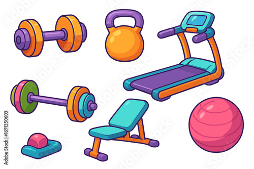 Colorful fitness equipment set for gym and home workouts. Vector cartoon icons of dumbbell, kettlebell, treadmill, bench, and fitball. Isolated sport and health objects.