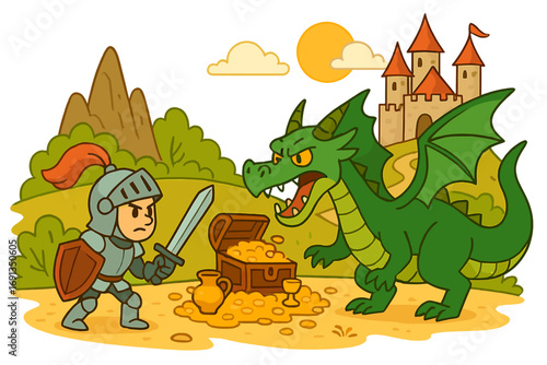 Knight fights dragon for treasure. Fantasy battle scene concept. Brave hero with sword versus monster. Medieval fairytale cartoon vector. Castle landscape with gold chest.