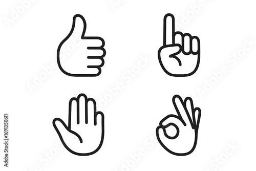 Set of minimalist hand gesture icons. Thumbs up for like, pointing finger, stop sign, and OK symbol for perfect. Communication and sign language concept in line art style.