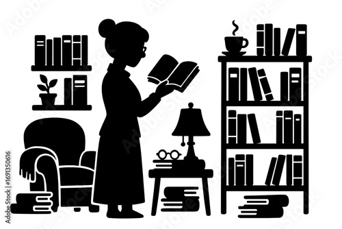 Librarian silhouette reading a book in a cozy library or bookstore. Vector illustration set with bookshelf, armchair, lamp, and coffee. Education and literature concept icon.