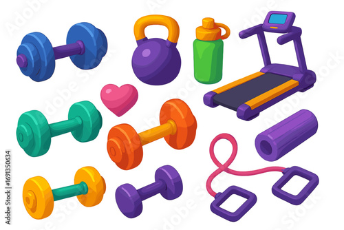 Fitness equipment 3D icon set for gym workout. Cartoon vector illustration of dumbbell, kettlebell, treadmill, resistance band. Sport, health, training and exercise concept.