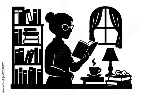Librarian silhouette reading book in cozy library. Woman reader, student or teacher with glasses in bookstore. Vector illustration for education, knowledge, literature, study.