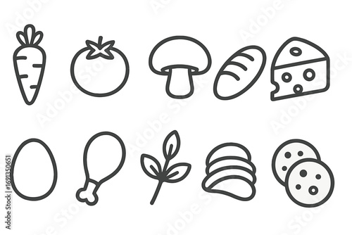 Food icon set minimalist line art. Vector icons of vegetables, meat, snacks. Carrot, tomato, mushroom, bread, cheese, egg, chicken, herb, chips, cookies for menu design.