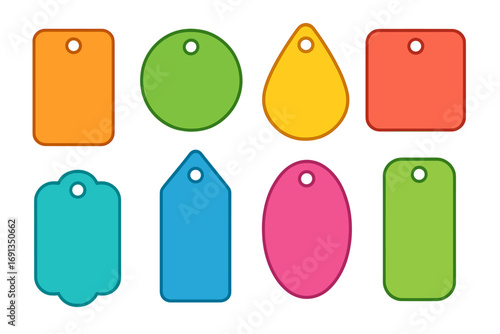Set of colorful blank tags and labels for price, sale or gift. Collection of empty badges and stickers in various shapes. Vector cartoon illustration design elements for retail.
