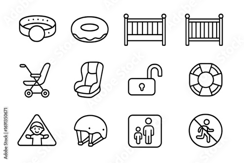 Child Safety Icons. Outline icon set of child safety in resorts: child wristband, pool float, baby crib,