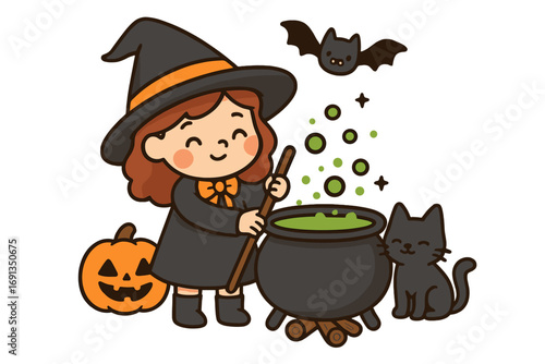 Cute little witch brewing magic potion in cauldron. Halloween cartoon character with black cat, pumpkin, and bat. Kawaii vector illustration for kids party or spooky holiday.