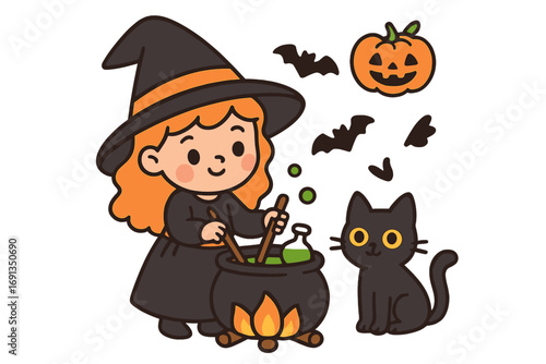 Cute witch brewing magic potion in cauldron. Halloween vector cartoon illustration with little girl sorceress, black cat, jack o'lantern pumpkin, and bats. Spooky kid character.