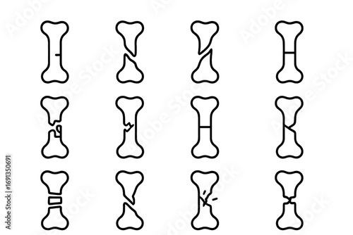 Fracture Types Icons. Outline icon set of fracture types: simple fracture, compound fracture, spiral fracture,