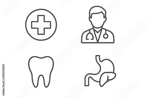 Medical line icon set. Medicine pictograms. Doctor, dentist, stomach, cross sign. Health care symbols for clinic. Editable stroke. Minimal linear icons for apps and web.