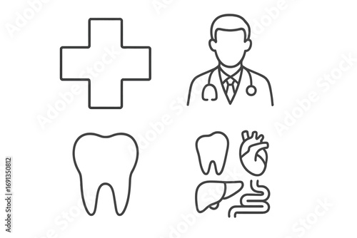 Medical line icon set with doctor, tooth, and internal organs. Minimalist healthcare pictogram pack for clinic, hospital, and web design. Editable stroke vector symbols.