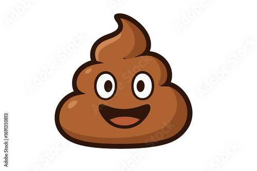 Smiling poop emoji vector cartoon illustration. Funny happy poo character icon with cute face. Symbol of shit, humor, fun for digital design and social media posts.