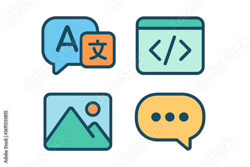 Modern flat icons set for language, code, media, and communication. Vector cartoon illustration collection. Language translation, web development, image gallery and chat symbols.