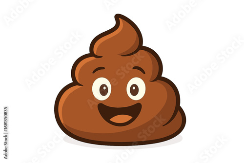 Happy poop emoji cartoon character. Funny smiling pile of poo vector illustration. Cute and playful emoticon icon for digital design and communication. Humorous shit mascot symbol.