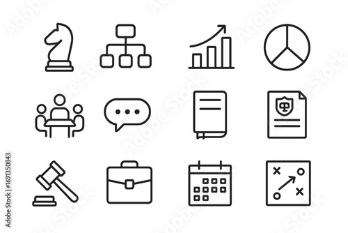 Law Strategy Icons. Outline icon set of law firm strategy planning: chess piece, flowchart, bar chart, pie