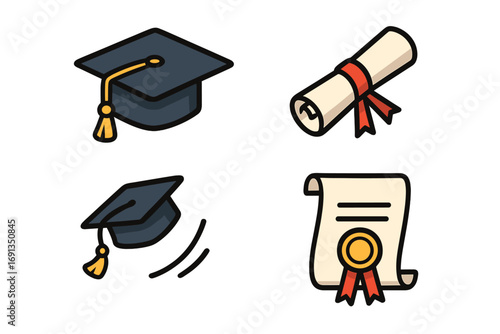 Graduation icon set. Vector cartoon illustration of academic achievement. Mortarboard cap, diploma scroll, certificate & throwing hat. University success & education symbols.