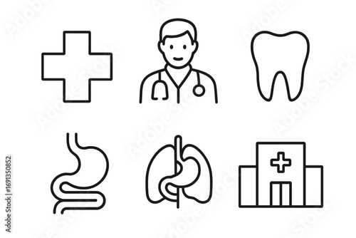 Medical line icon set with doctor, tooth, internal organs, clinic and health cross. Minimalist outline pictogram collection. Editable stroke vector for app and web design.