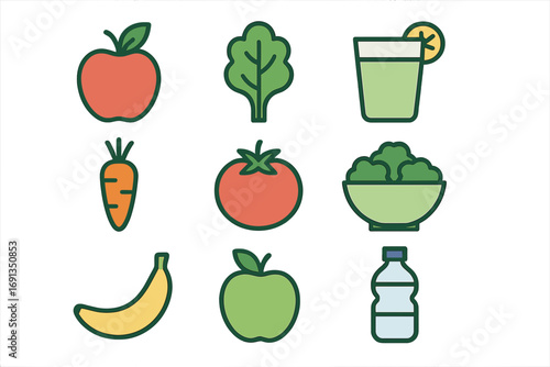 Healthy food icon set vector collection. Simple flat design fruits, vegetables, drinks. Nutrition, diet, wellness lifestyle concept. Apple, salad, smoothie illustration.