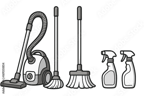 Cleaning equipment set vector illustration. Monochrome icons of vacuum cleaner, broom, mop, spray bottle. Household tools for cleaning service, chores, housekeeping.