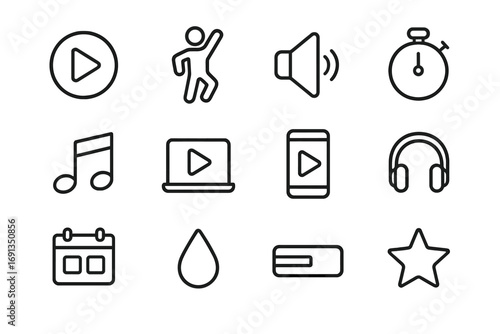 Dance Workout Icons. Outline icon set of dance workout videos: play button, dancer figure, speaker, stopwatch,