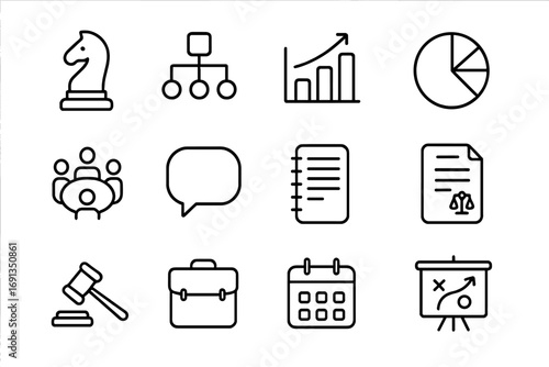 Law Strategy Icons. Outline icon set of law firm strategy planning: chess piece, flowchart, bar chart, pie