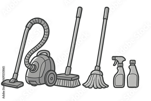 Household cleaning tools vector collection. Monochrome cartoon icons of vacuum, broom, mop, detergent spray bottles. Housekeeping equipment set for cleaning service concept.