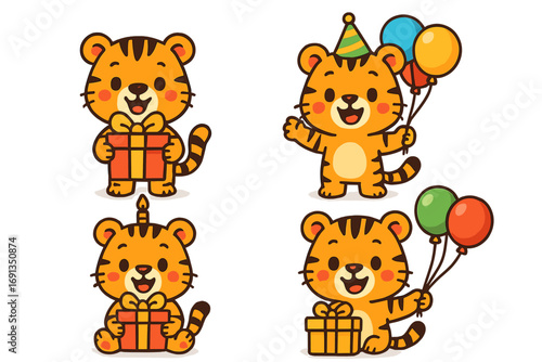 Cute tiger cub character set celebrating a birthday party with gift boxes, presents, and balloons. Adorable jungle animal for kids. Vector cartoon kawaii illustration collection.