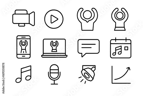 Live Dance Class Icons. Outline icon set of live streaming dance classes: video camera, play button,