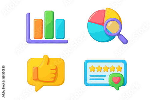 Set of 3D icons for analytics and feedback. Includes chart, graph, pie chart, and rating stars. Vector cartoon for business data analysis, customer review, and survey.