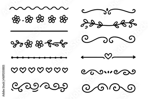 Hand-drawn dividers and borders set. Cute doodle sketch lines collection for design. Vector decorative floral, heart and swirl ornaments. Underline text separators and flourishes.