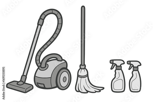 Cleaning equipment vector set. Monochrome cartoon icons of vacuum cleaner, mop, spray bottle. Household chores, housekeeping, and janitorial supplies concept illustration.
