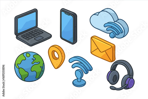 Modern 3d isometric icons for technology and communication. Vector cartoon set with laptop, phone, cloud computing, wifi, email, globe, location pin and online support headset.