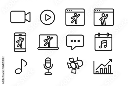 Live Dance Class Icons. Outline icon set of live streaming dance classes: video camera, play button,