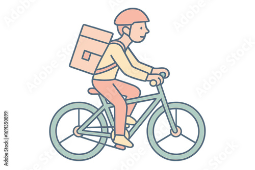 Bicycle courier with parcel delivery backpack. Minimalist vector illustration of a bike messenger for fast eco friendly transport service. Logistics concept in pastel colors.