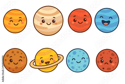 Cute kawaii planet characters set. Solar system celestial bodies with funny faces. Cartoon vector illustration for kids. Space galaxy astronomy icons. Emoticon sticker pack.