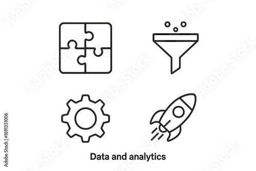 Data analytics and business intelligence thin line vector icons. Icons for marketing strategy, data processing, sales funnel, startup launch, project management and solutions.