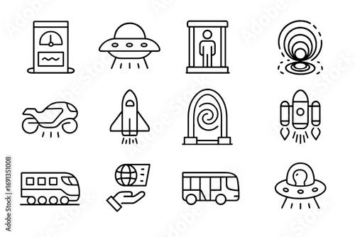 Sci-Fi Transport Icons. Outline icon set of sci-fi inspired transport: time machine, flying saucer, teleport