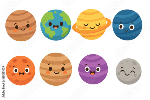 Solar system planets cartoon characters set. Cute kawaii space icons with smiling faces. Earth, Saturn, Jupiter. Astronomy for kids. Vector graphic celestial bodies collection.