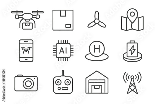 Drone Delivery Icons. Outline icon set of drone delivery systems: quadcopter, package, propeller, GPS map,