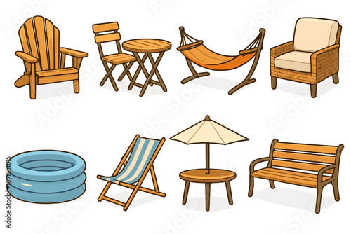 Outdoor furniture vector icon set. Garden and patio relaxation essentials for summer. Includes adirondack chair, hammock, inflatable pool, bench, and umbrella illustration.