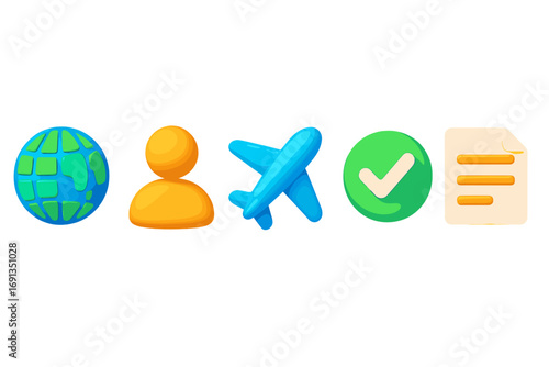 3d icon set with globe, user profile, airplane, checkmark, document. Vector cartoon illustration for web design, ui, ux. Global travel, booking, and user verification concept.