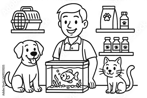 Pet shop line art illustration with smiling attendant. Vector cartoon of dog, cat, and fish. Animal care, veterinary clinic concept. Pet supplies, food and medicine.