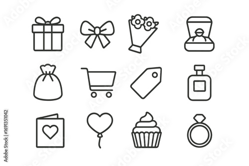 Gift-Giving Icon Set. Outline icon set of gift-giving: present box, ribbon, bouquet of flowers, jewelry box,