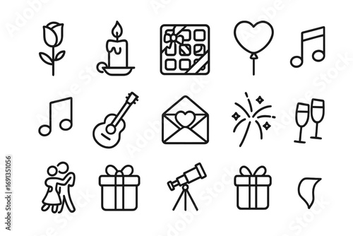 Romantic Gesture Icons. Outline icon set of romantic gestures: rose, candle, chocolate, heart balloon, music