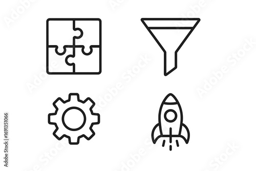 Business process and startup launch icon set. Vector line icons of puzzle for strategy, sales funnel for marketing, gear for development, and rocket for innovation.