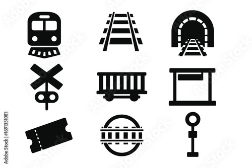 Railway icons set in silhouette style. Vector collection of train, tracks, tunnel, railroad crossing sign, wagon, and station symbols for transportation and travel design.