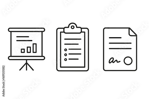 Business process icon set. Line art vector of presentation board with chart, clipboard with checklist, and signed contract. Minimalist symbols for report and analysis.